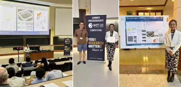 A woman in a patterned dress presents microneedle research. She holds a certificate by a 3MT banner and stands proudly by her research poster.